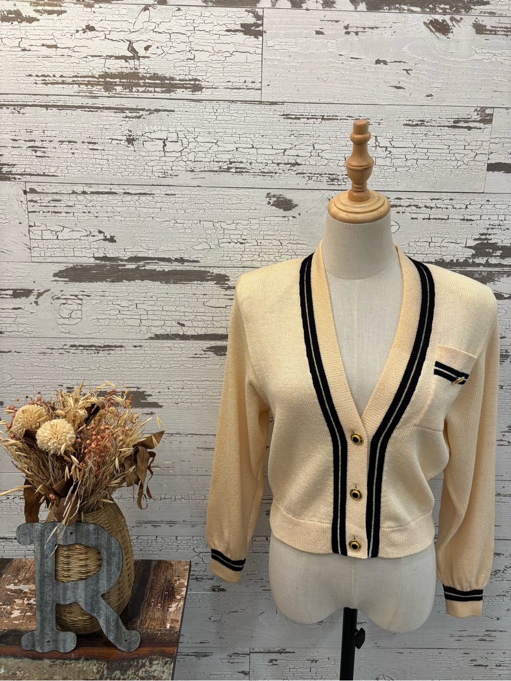 St. John Cream Cardigan with Black Trim and Gold Buttons